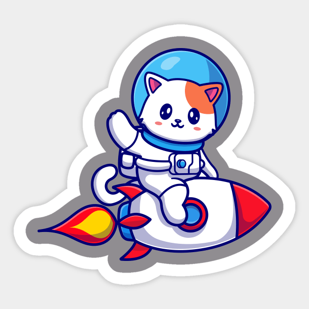 Cute Cat Astronaut Riding Rocket And Waving Hand Cartoon Sticker by Catalyst Labs